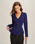 Navy Polka Dot V Neck Shirt