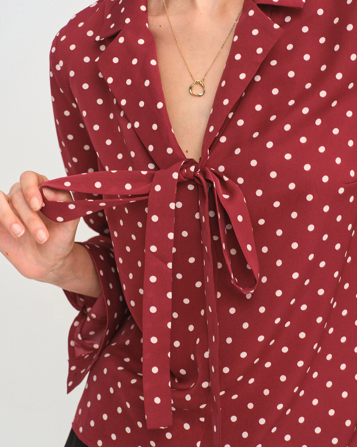 Dark Red Polka Dot Tie Neck Shirt