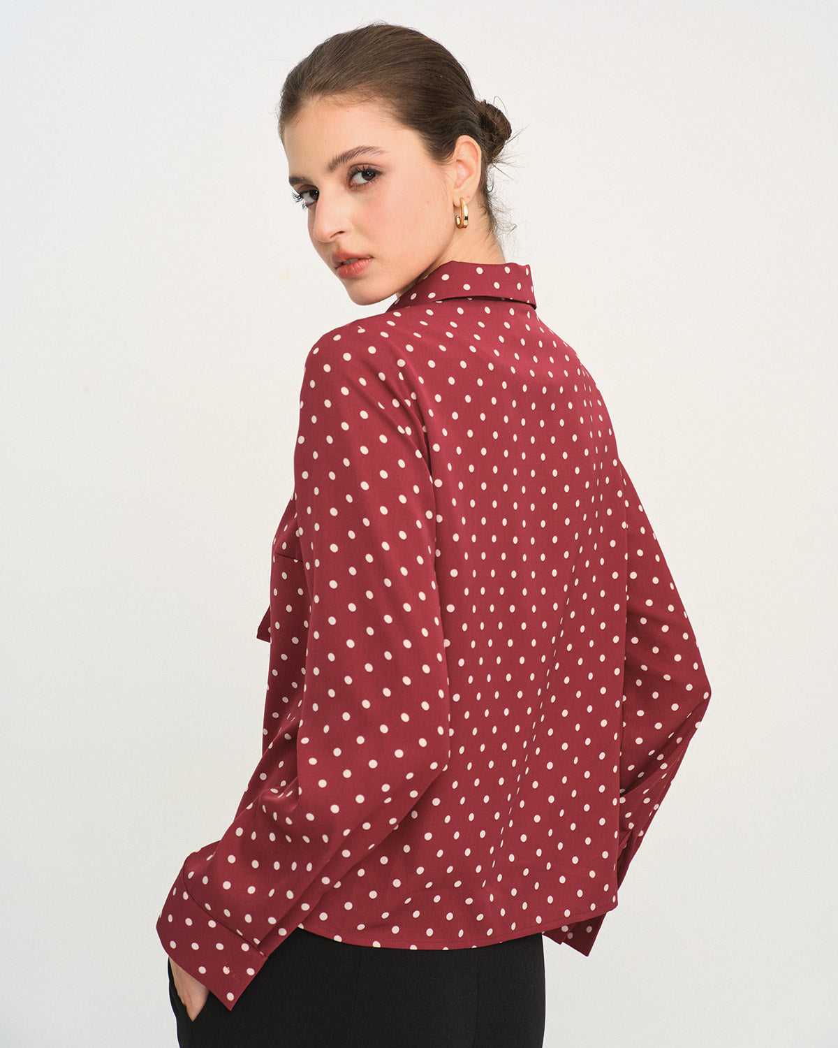 Dark Red Polka Dot Tie Neck Shirt