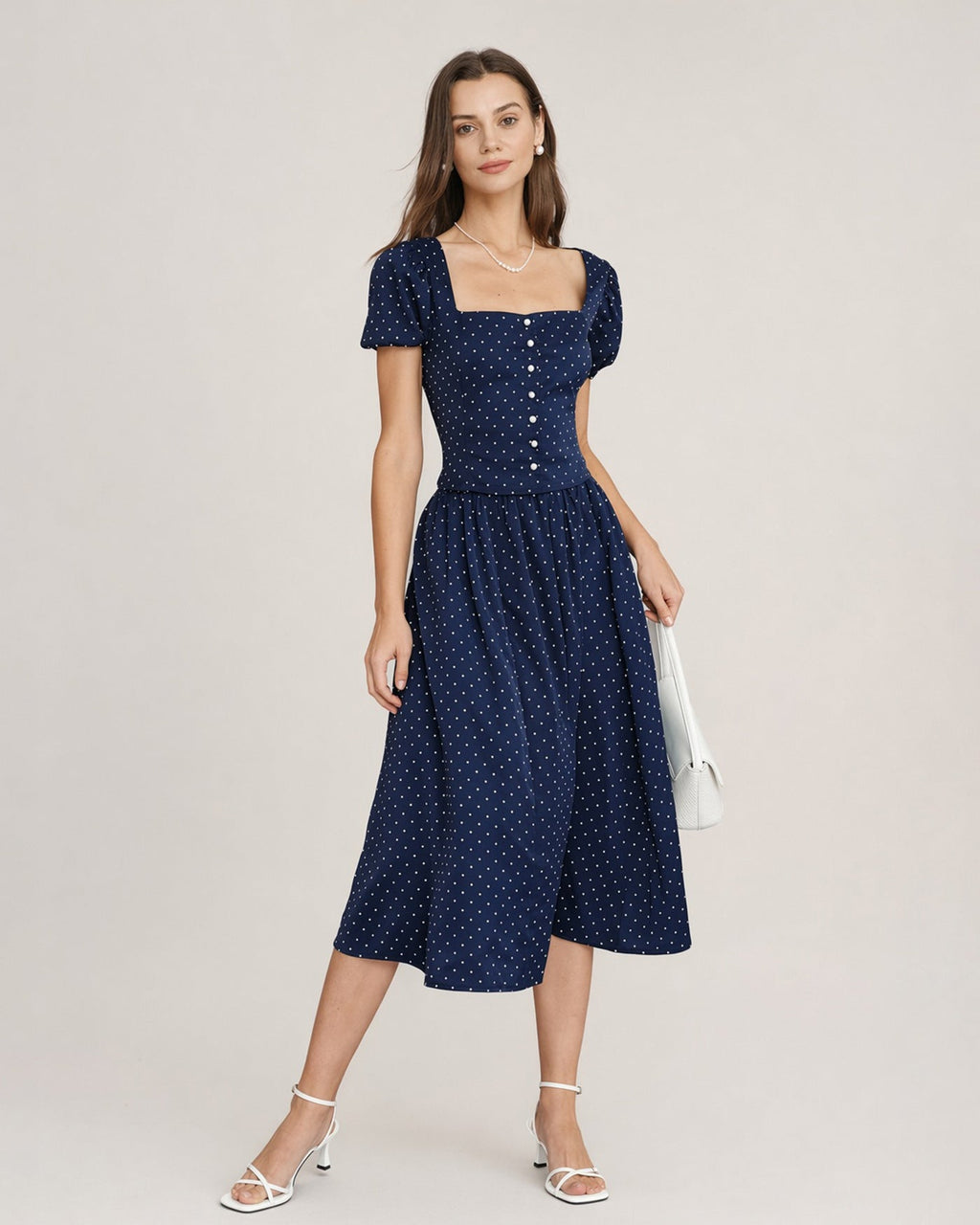 Blue Square Neck Polka Dot Blouse