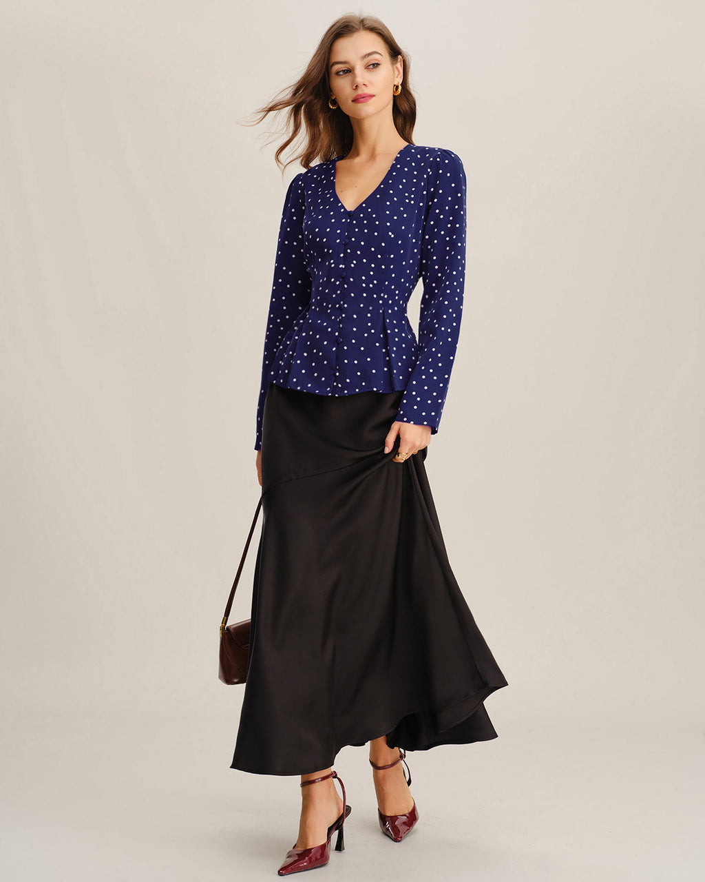 Navy Polka Dot V Neck Shirt