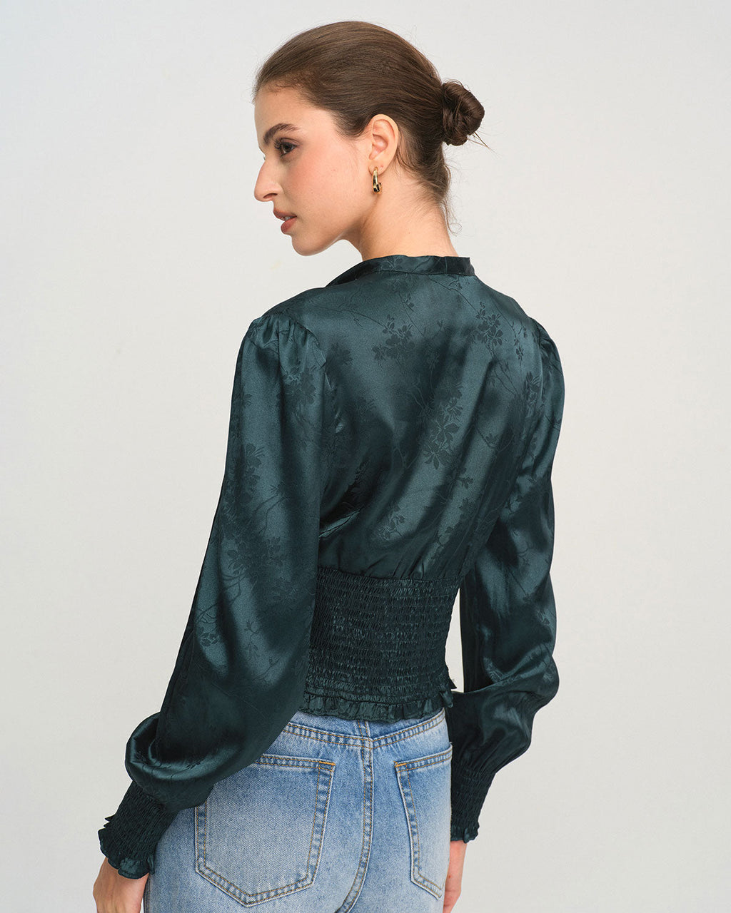 Green Jacquard Tie Neck Blouse