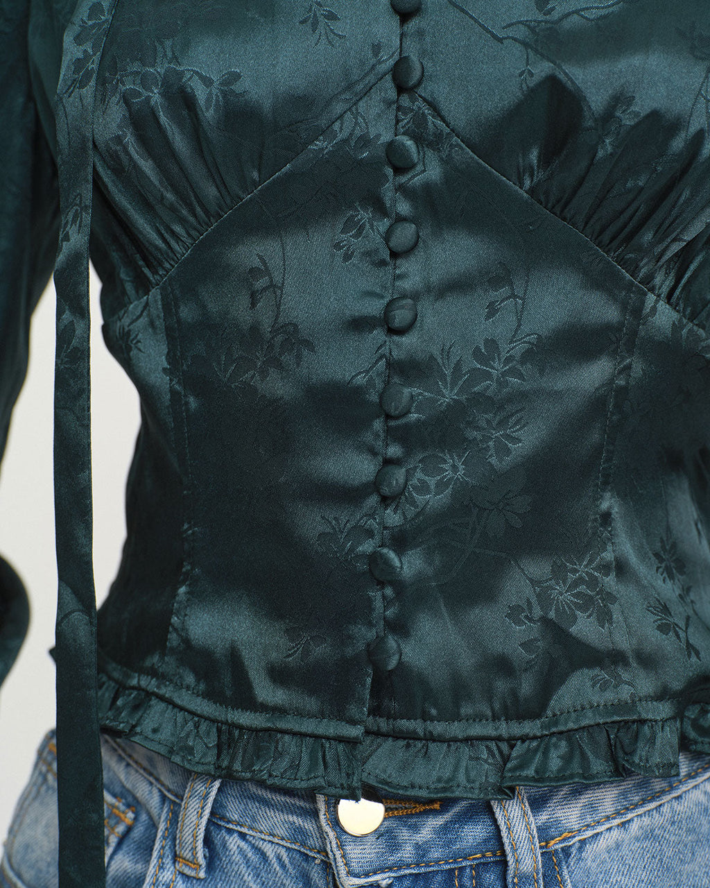 Green Jacquard Tie Neck Blouse