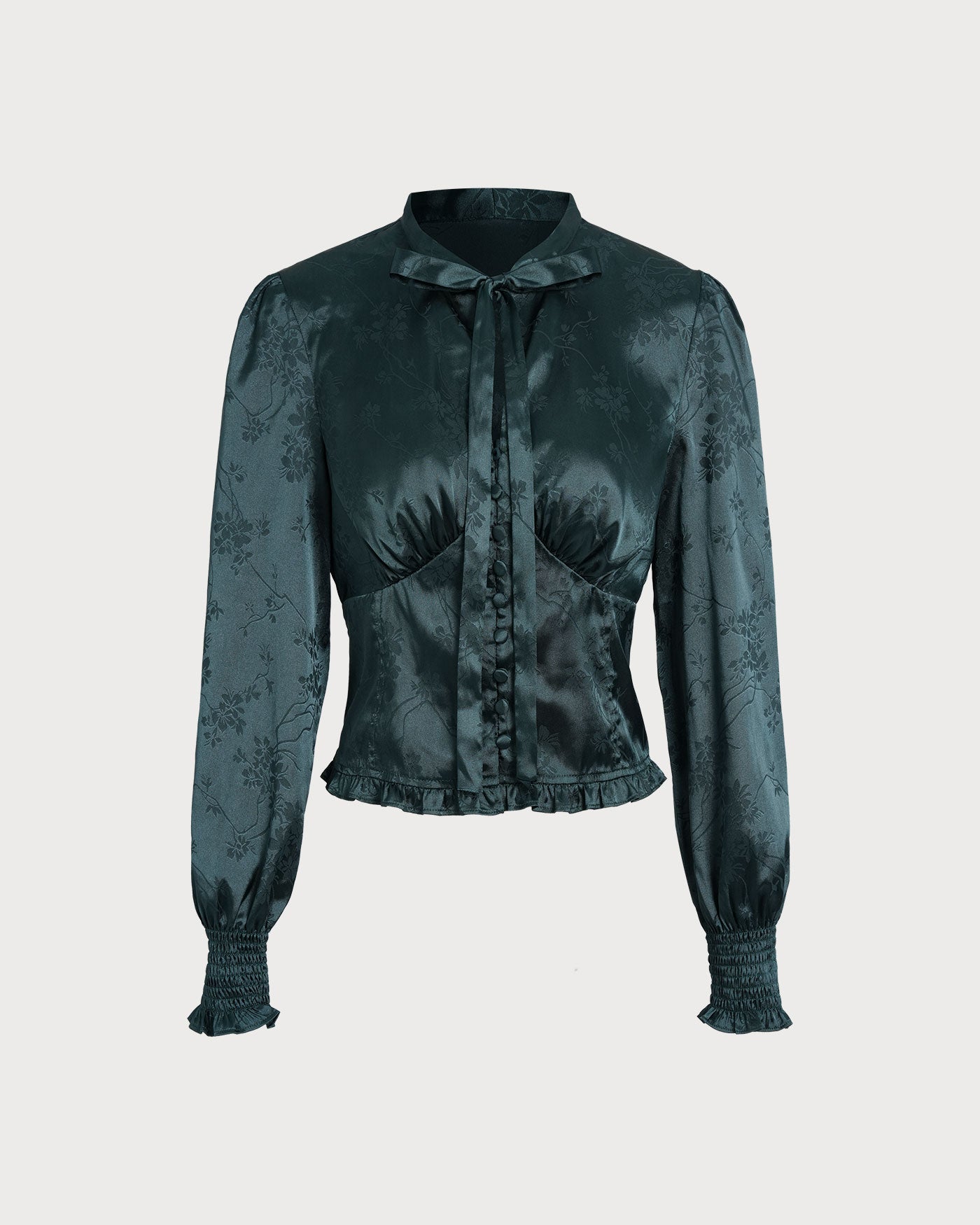 Green Jacquard Tie Neck Blouse