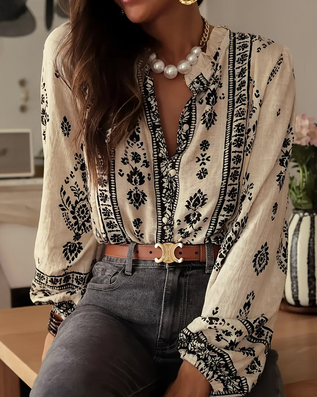 Apricot Floral Ruffled Bishop Sleeve Shirt