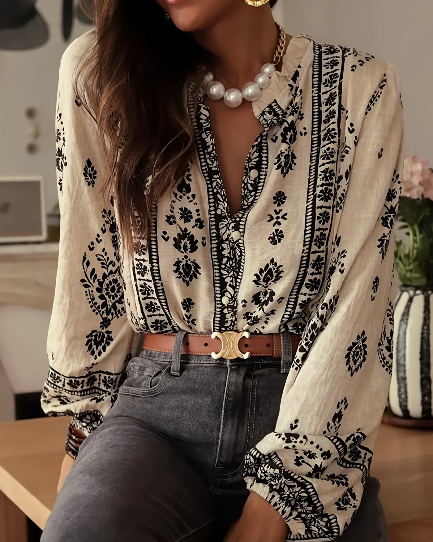 Apricot Floral Ruffled Bishop Sleeve Shirt
