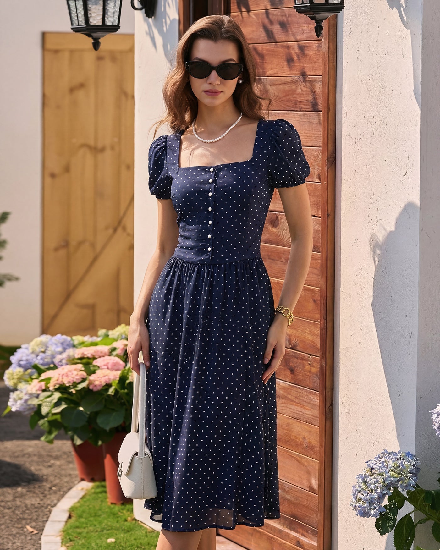 Blue Square Neck Polka Dot Blouse