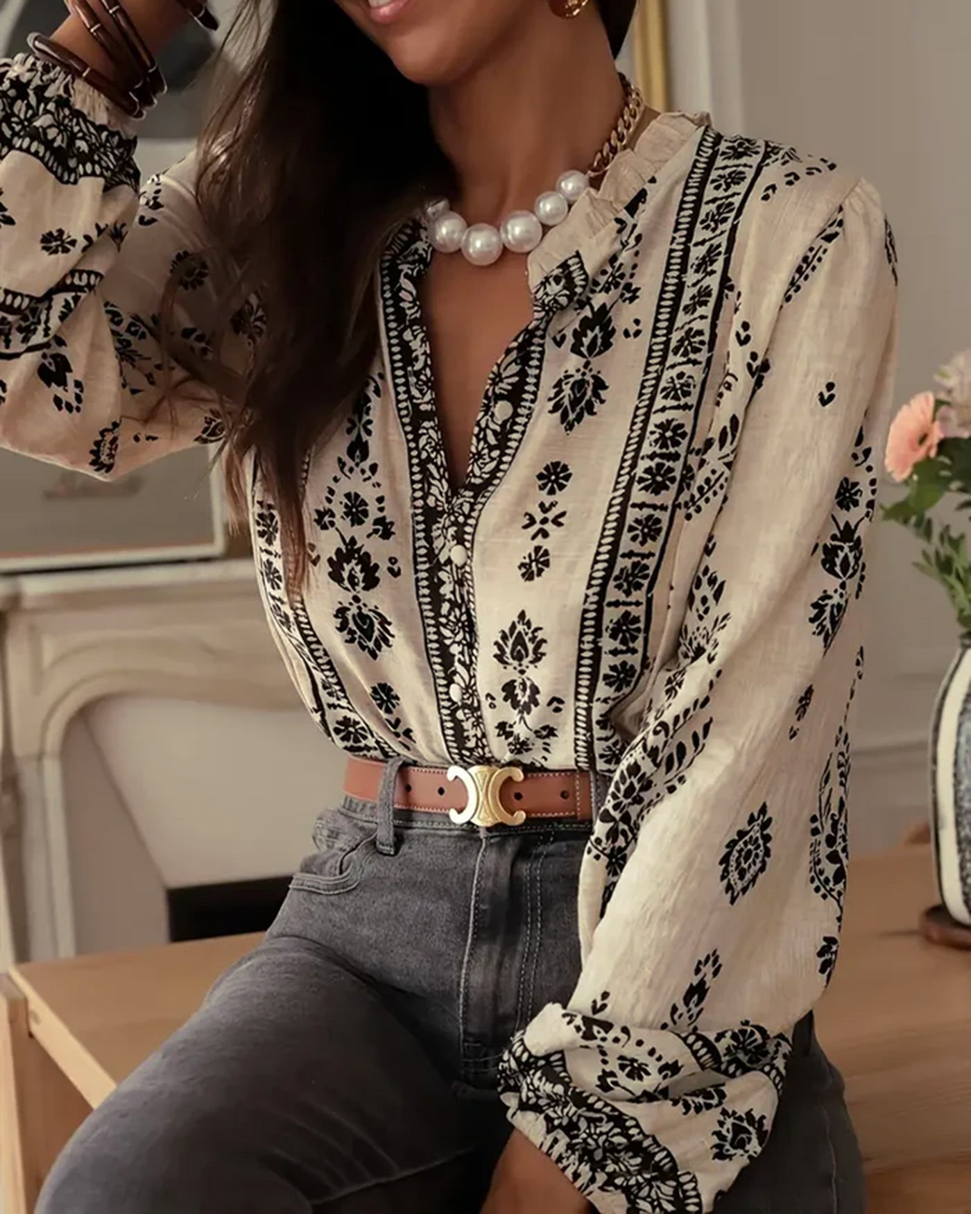 Apricot Floral Ruffled Bishop Sleeve Shirt