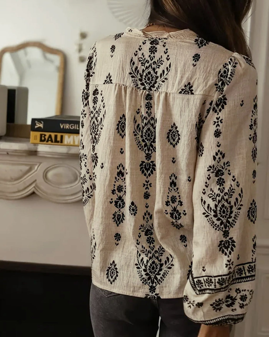 Apricot Floral Ruffled Bishop Sleeve Shirt