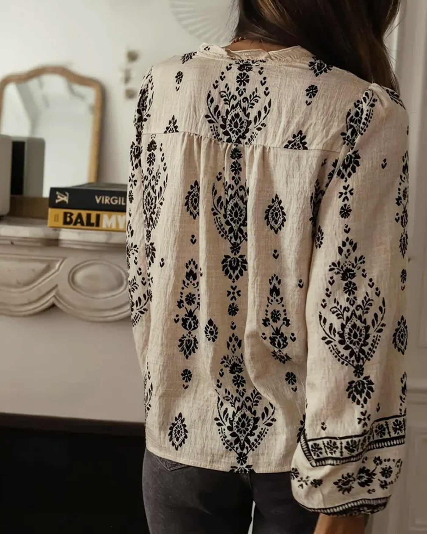 Apricot Floral Ruffled Bishop Sleeve Shirt