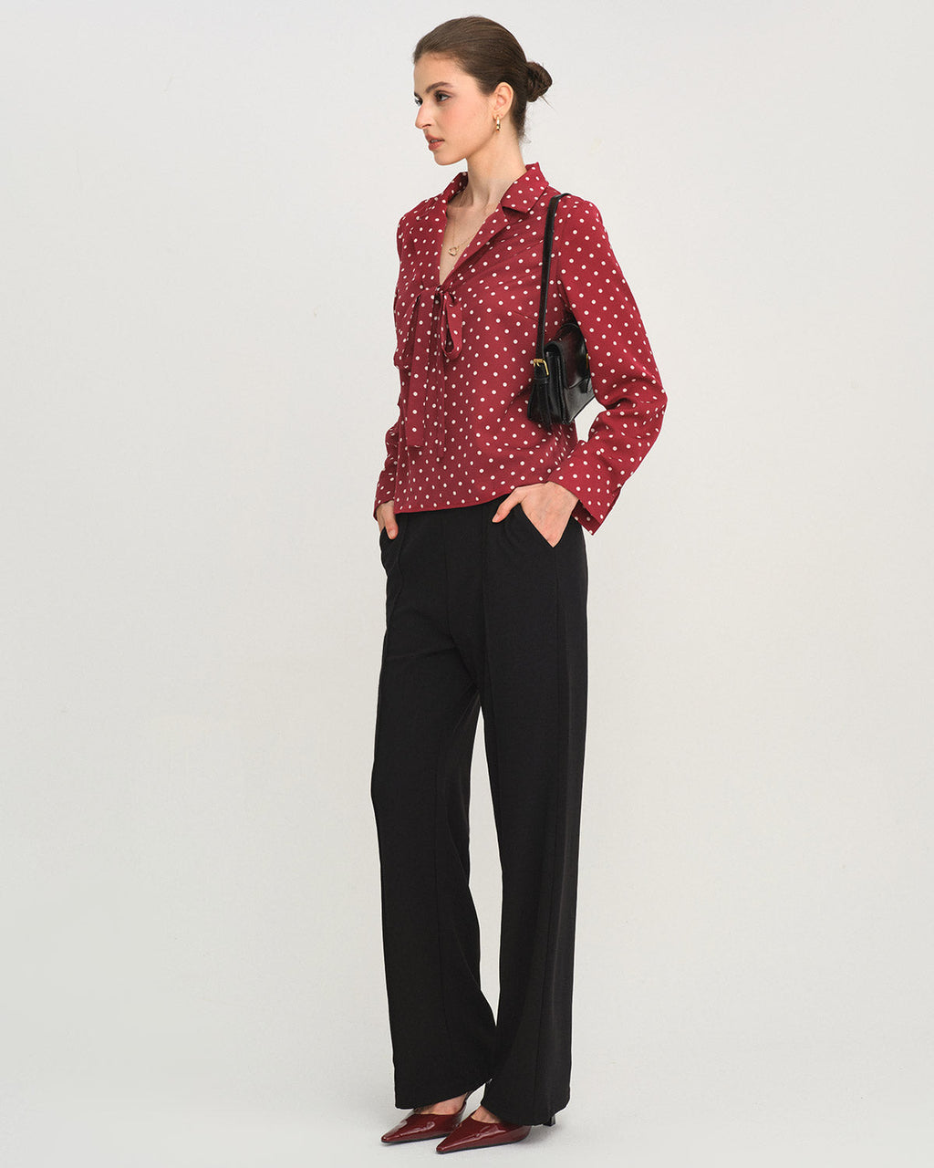Dark Red Polka Dot Tie Neck Shirt