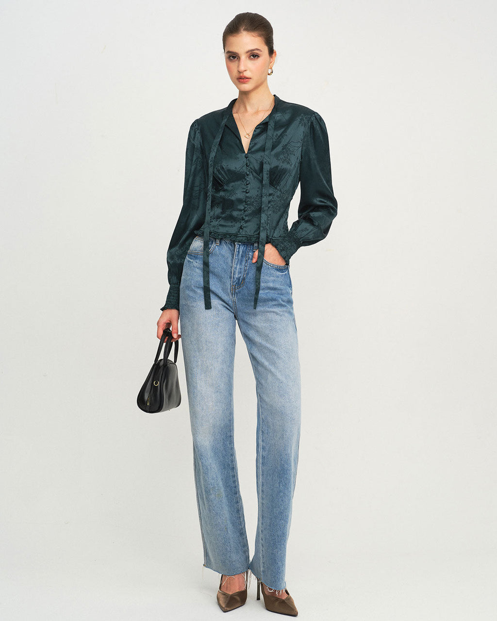 Green Jacquard Tie Neck Blouse