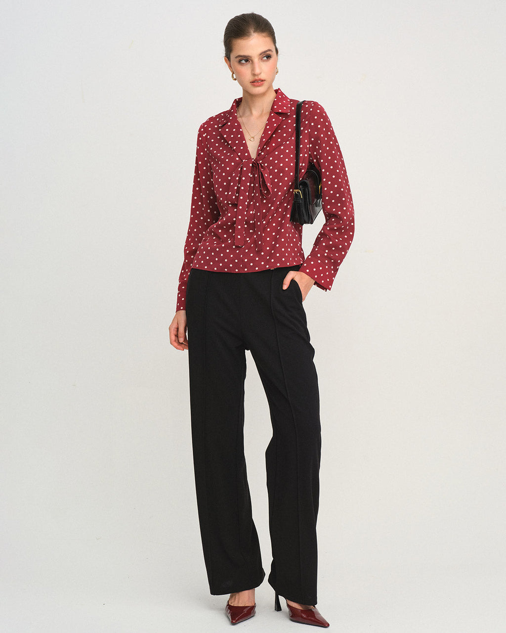 Dark Red Polka Dot Tie Neck Shirt