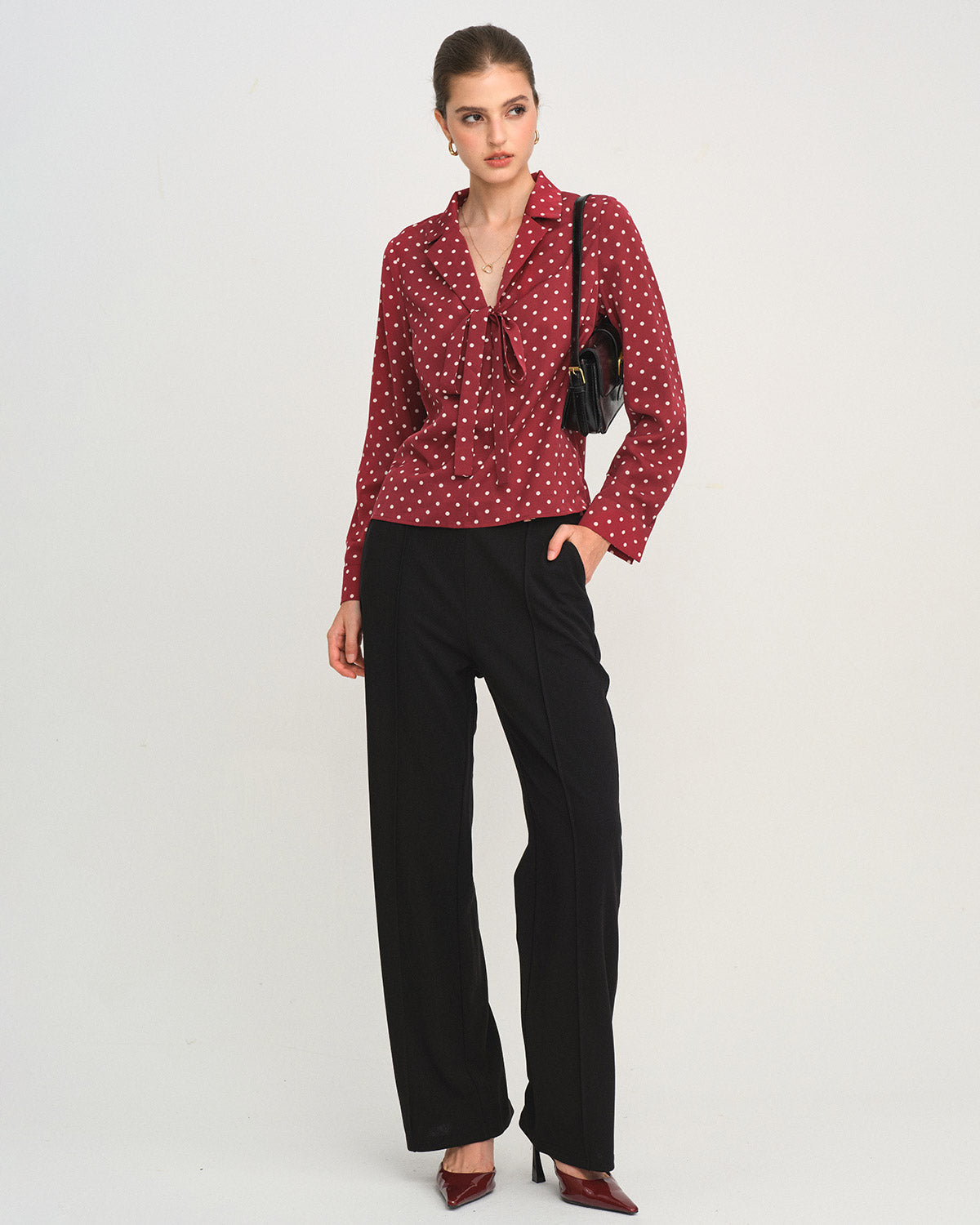 Dark Red Polka Dot Tie Neck Shirt