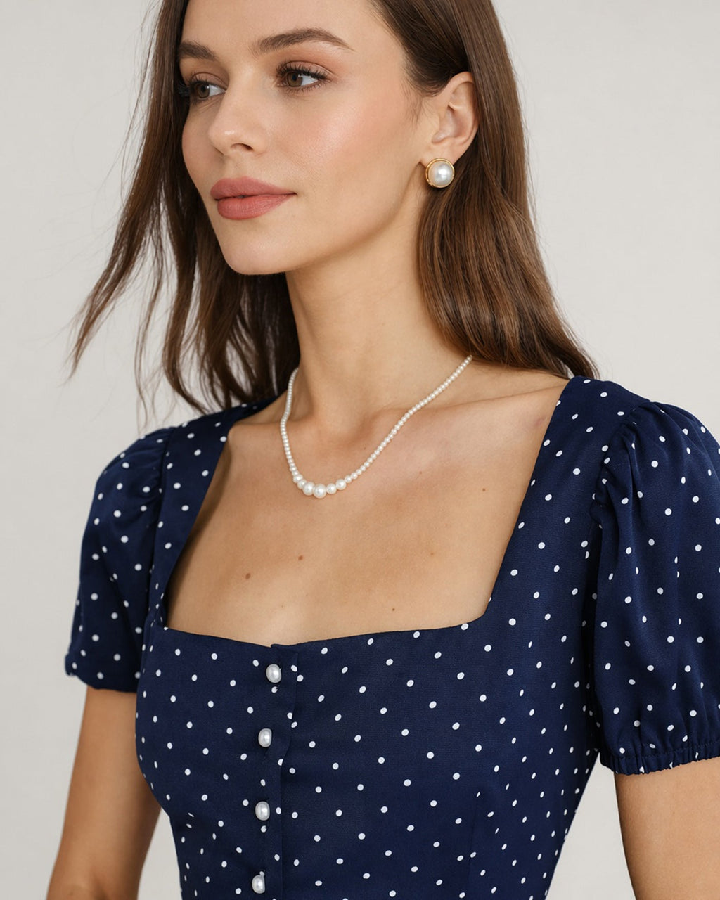 Blue Square Neck Polka Dot Blouse