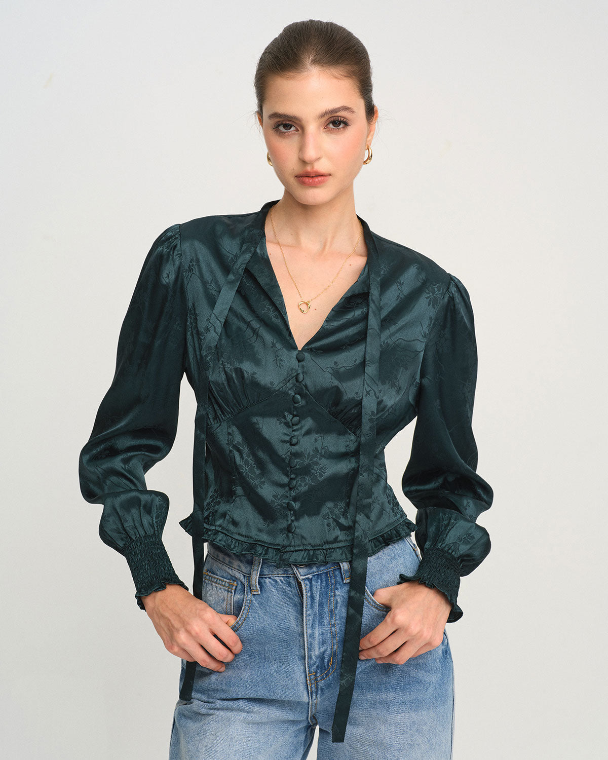 Green Jacquard Tie Neck Blouse