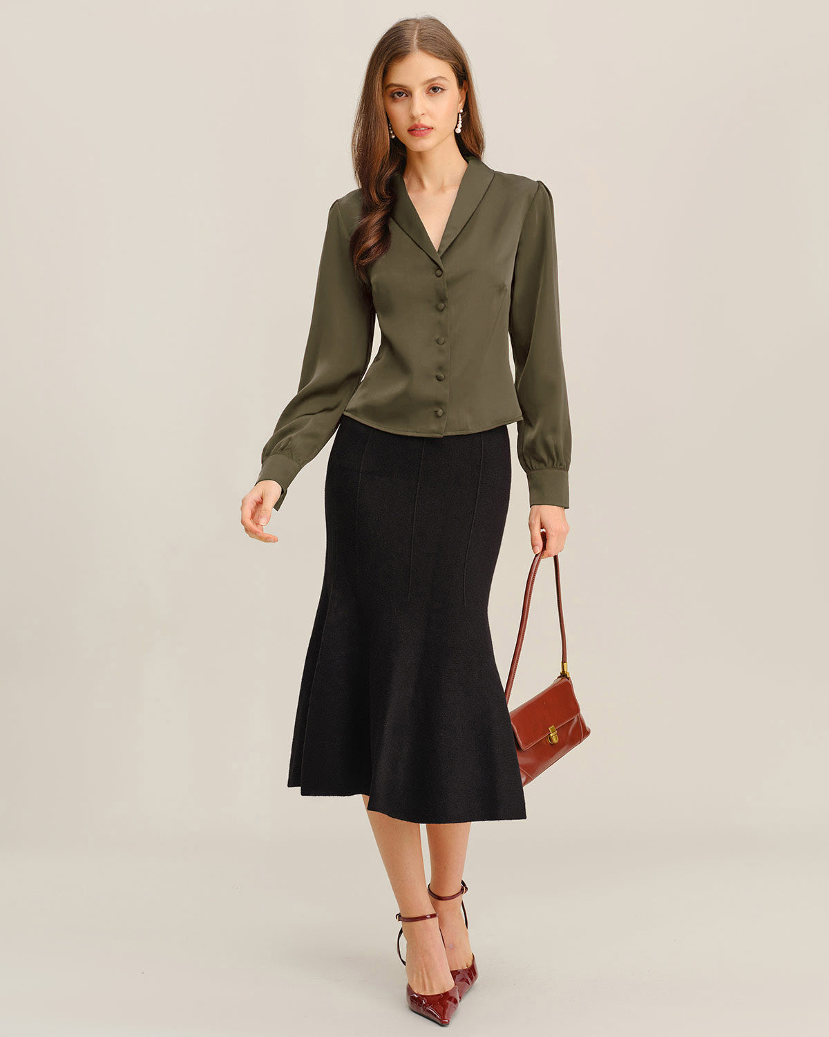 Green Satin V-Neck Office Shirt