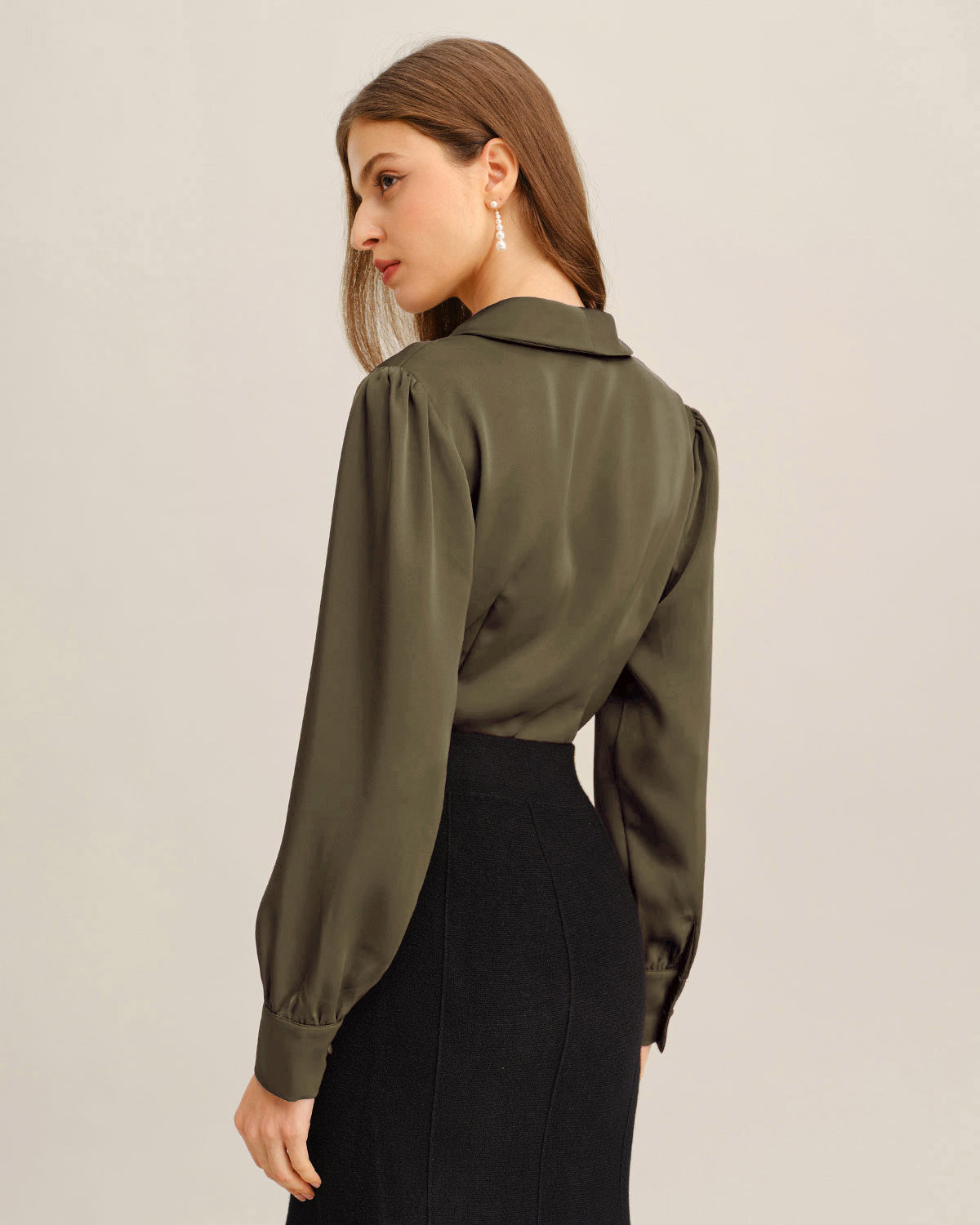 Green Satin V-Neck Office Shirt