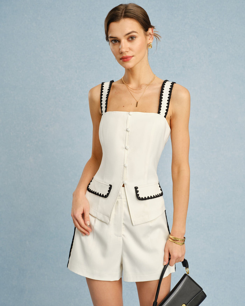 Beige Contrasting Button Shorts