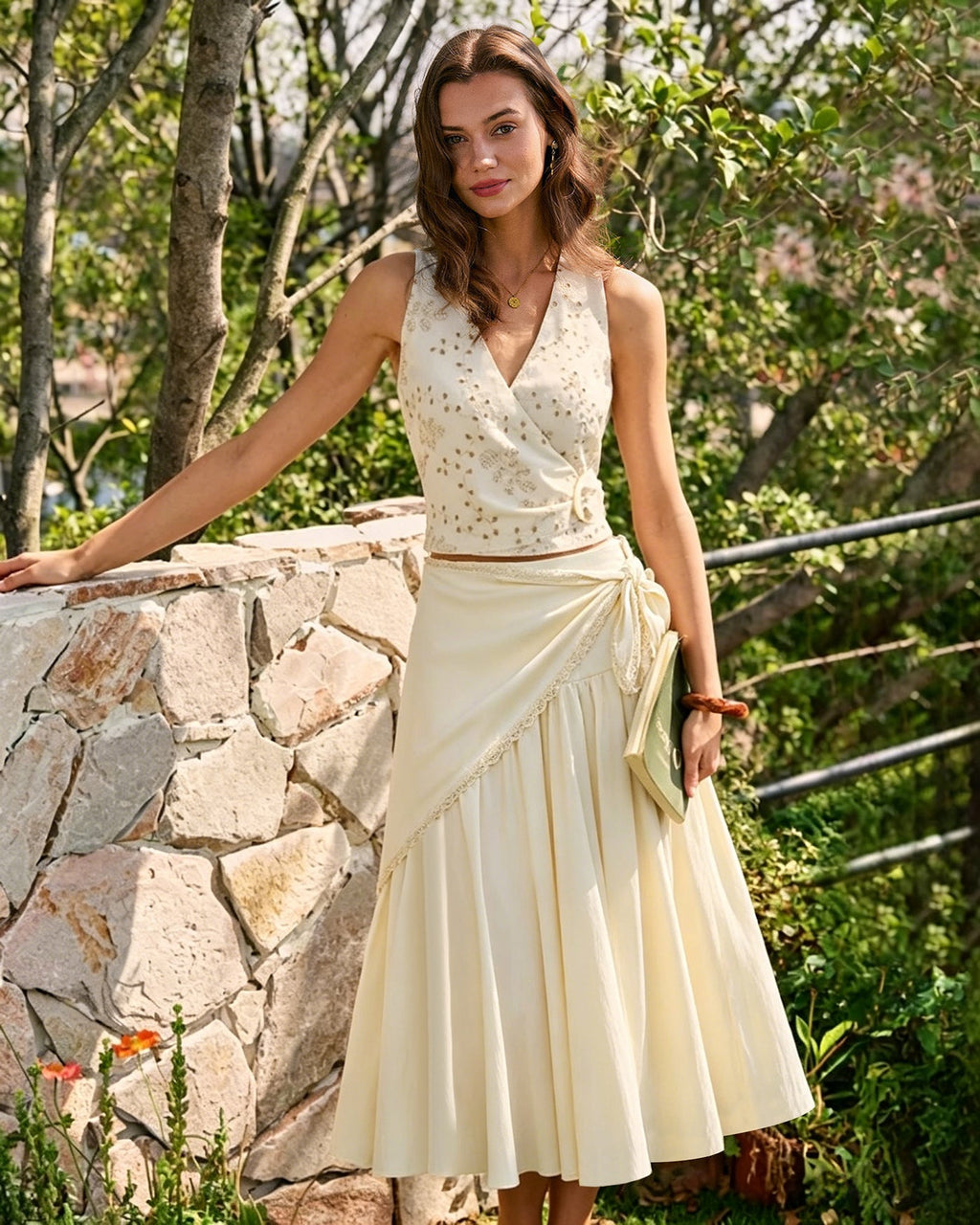 Apricot Splicing Tie Midi Skirt