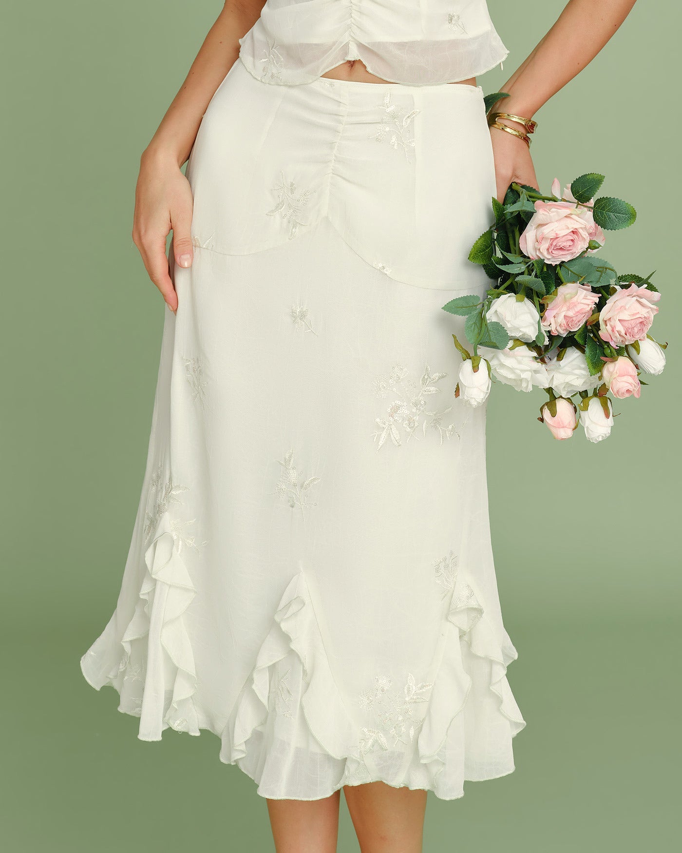 Apricot Embroidery Ruffle Midi Skirt