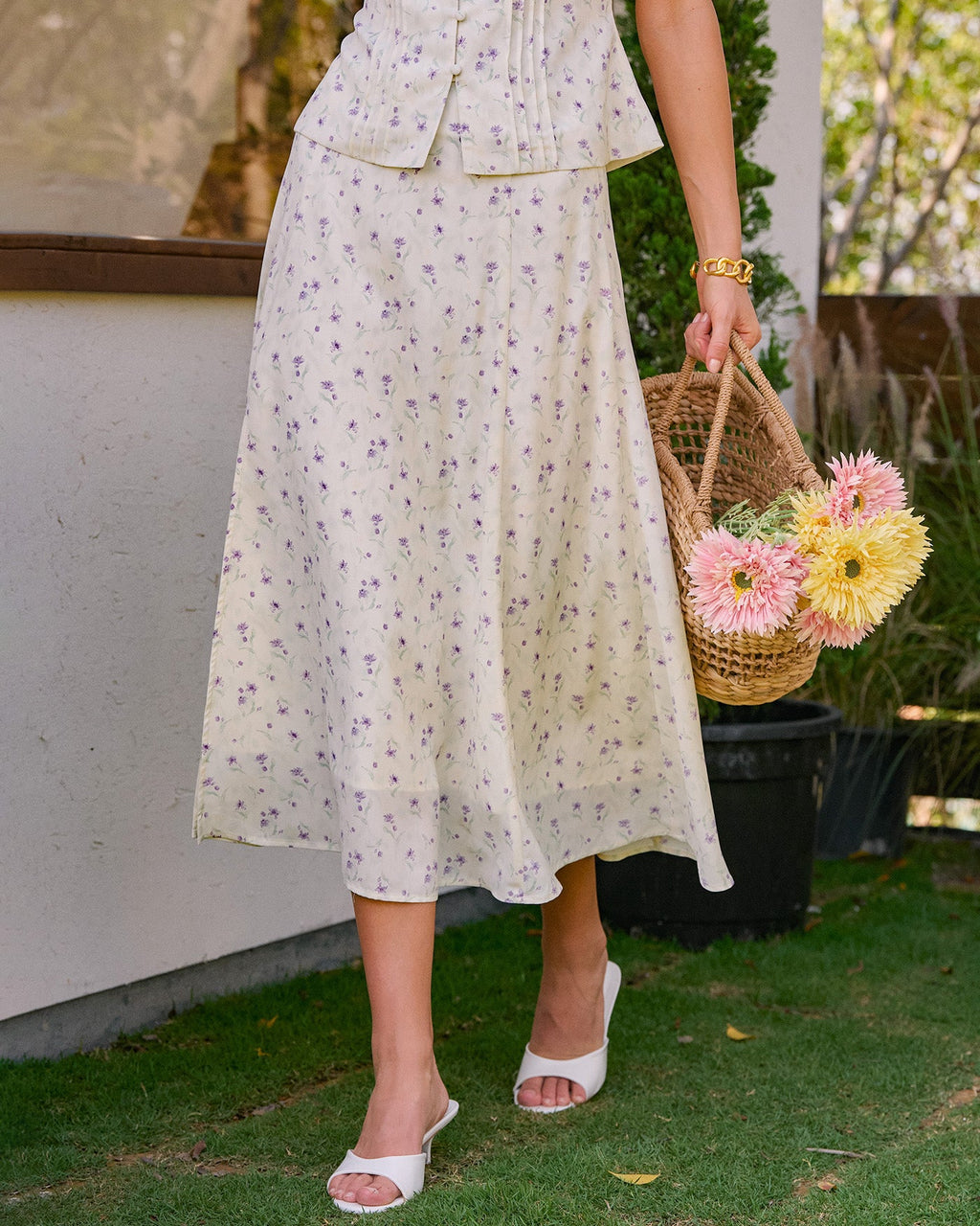Beige Floral Slit Midi Skirt