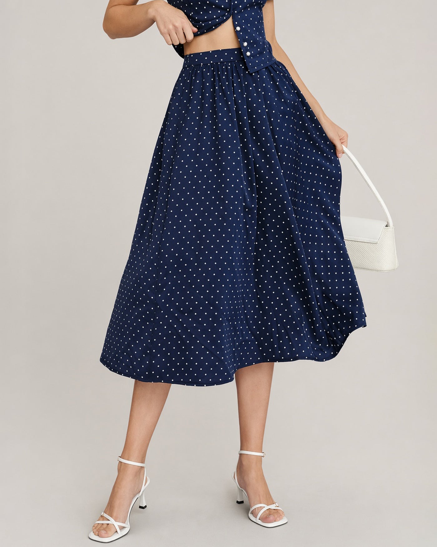 Blue Polka Dot Pockets Midi Skirt