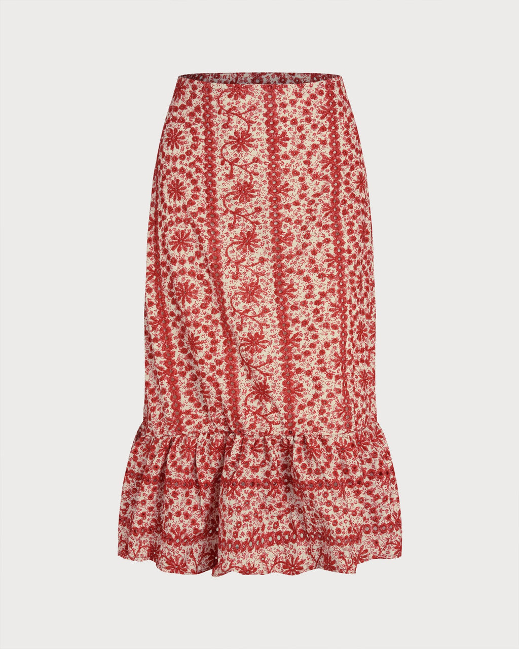 Red Floral Ruched Midi Skirt