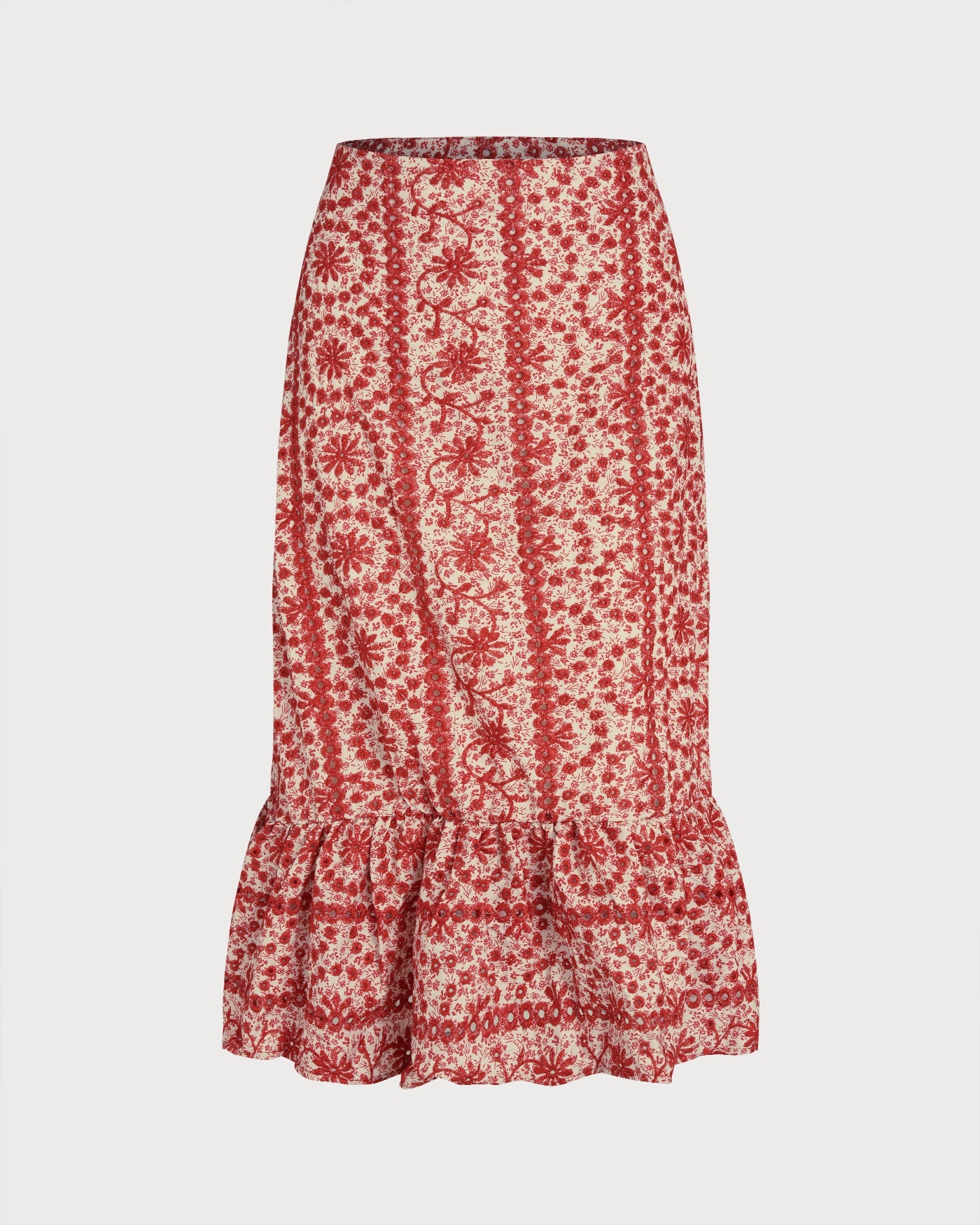 Red Floral Ruched Midi Skirt