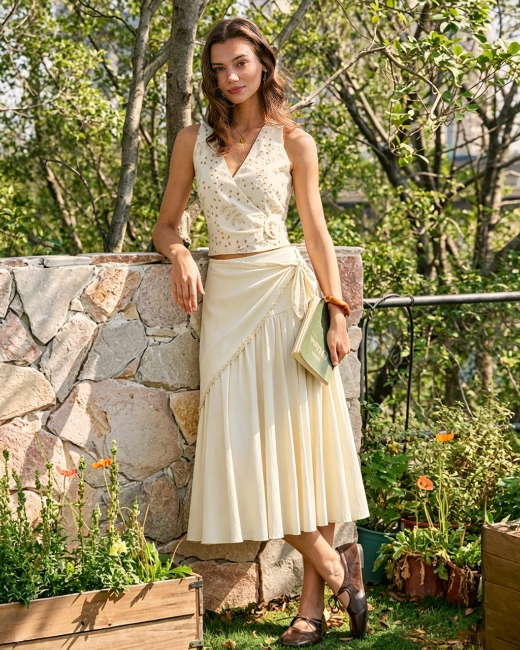 Apricot Splicing Tie Midi Skirt