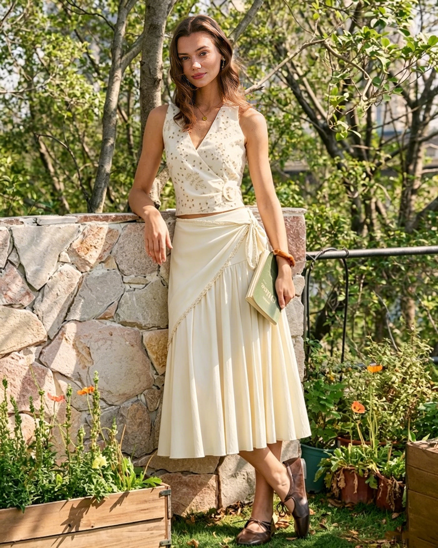 Apricot Splicing Tie Midi Skirt