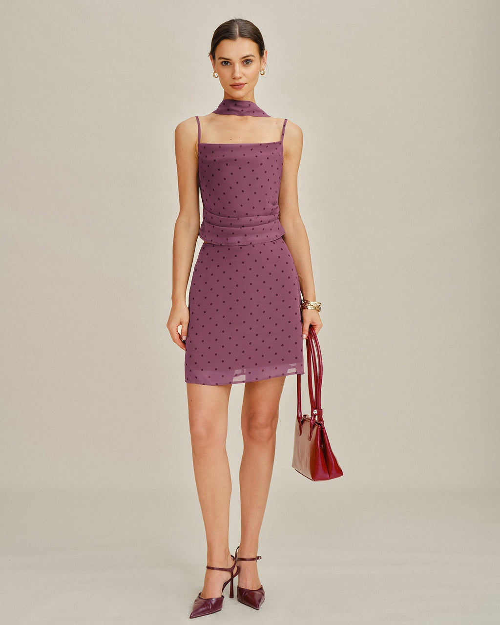 Purple Polka Dot Chiffon Mini Skirt