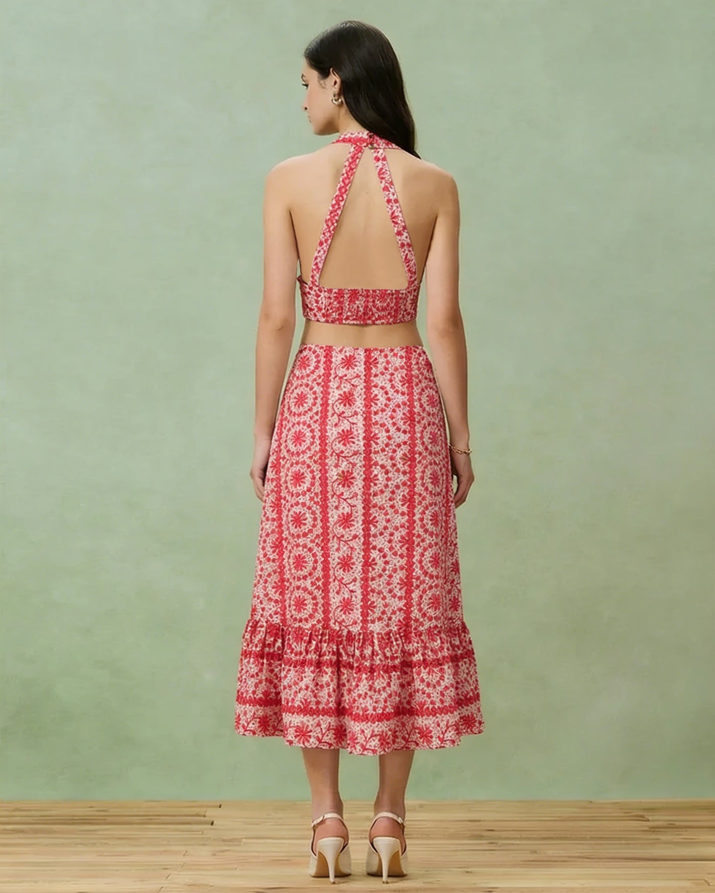 Red Floral Ruched Midi Skirt