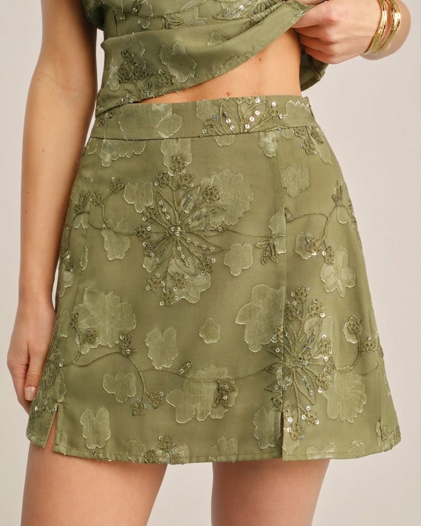 Green Jacquard Sequins Mini Skirt