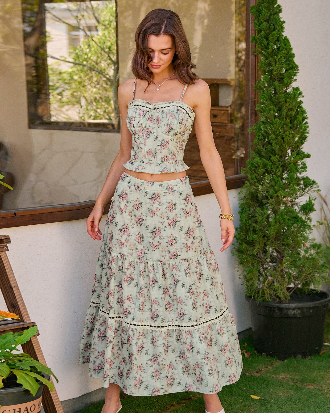 Green Floral A-Line Midi Skirt