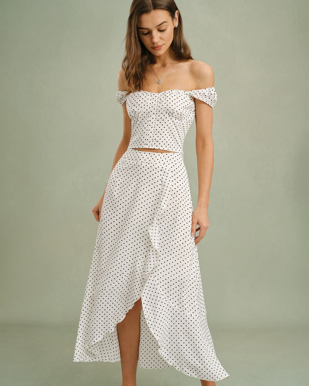 White Ruffle Polka Dot Midi Skirt