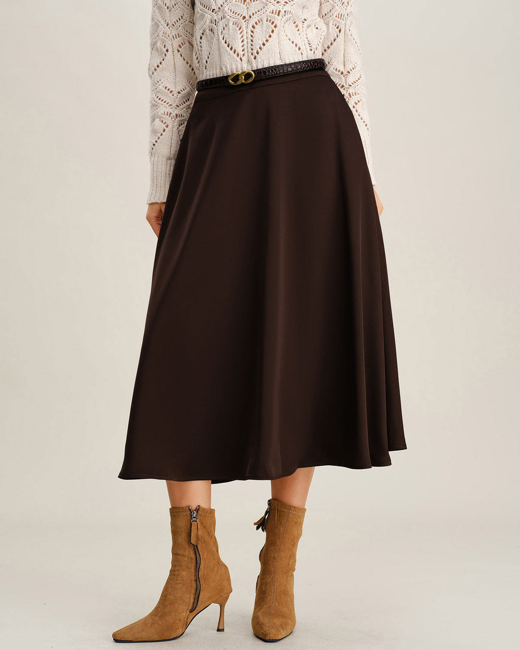 Brown A-Line Pleated Midi Skirt