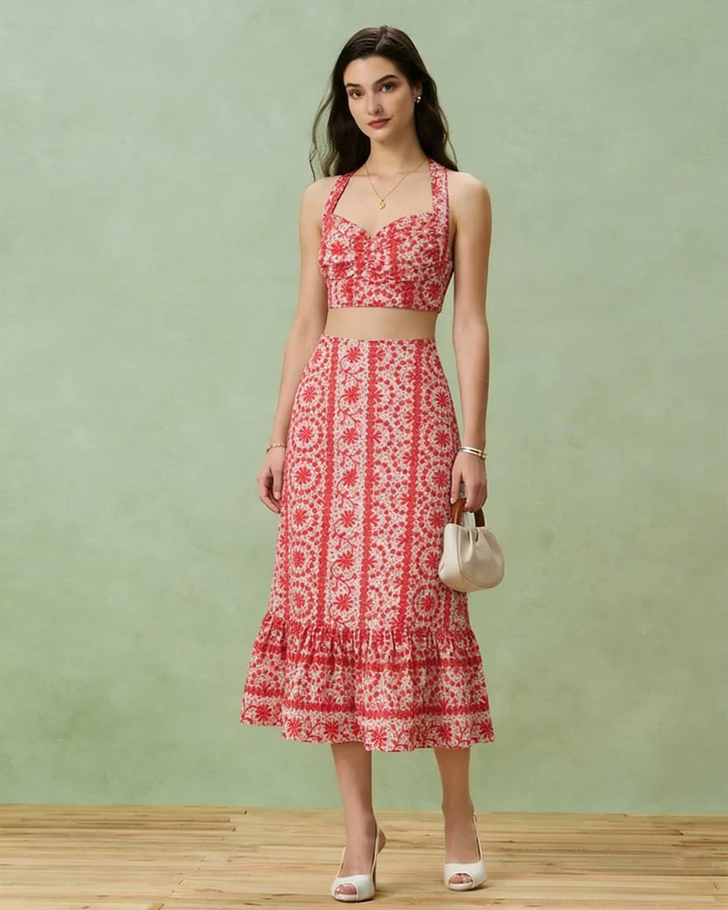 Red Floral Ruched Midi Skirt
