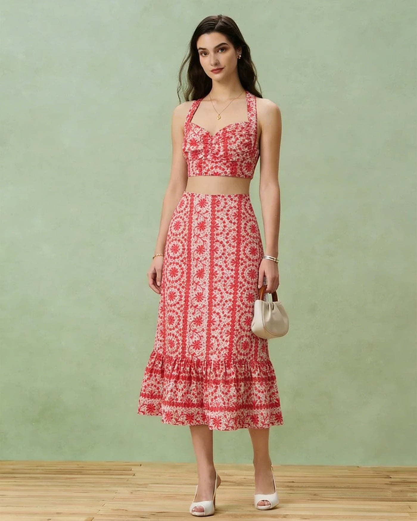 Red Floral Ruched Midi Skirt
