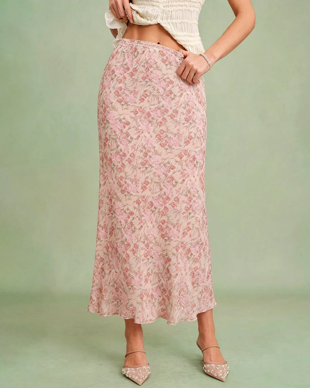 Pink Elastic Waist Floral Skirt
