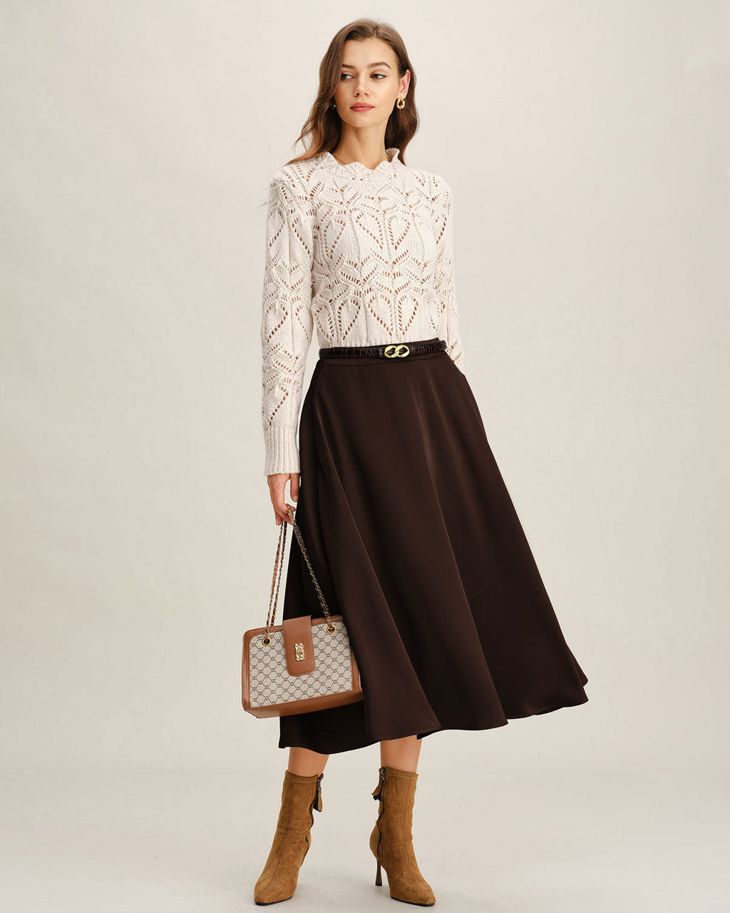 Brown A-Line Pleated Midi Skirt