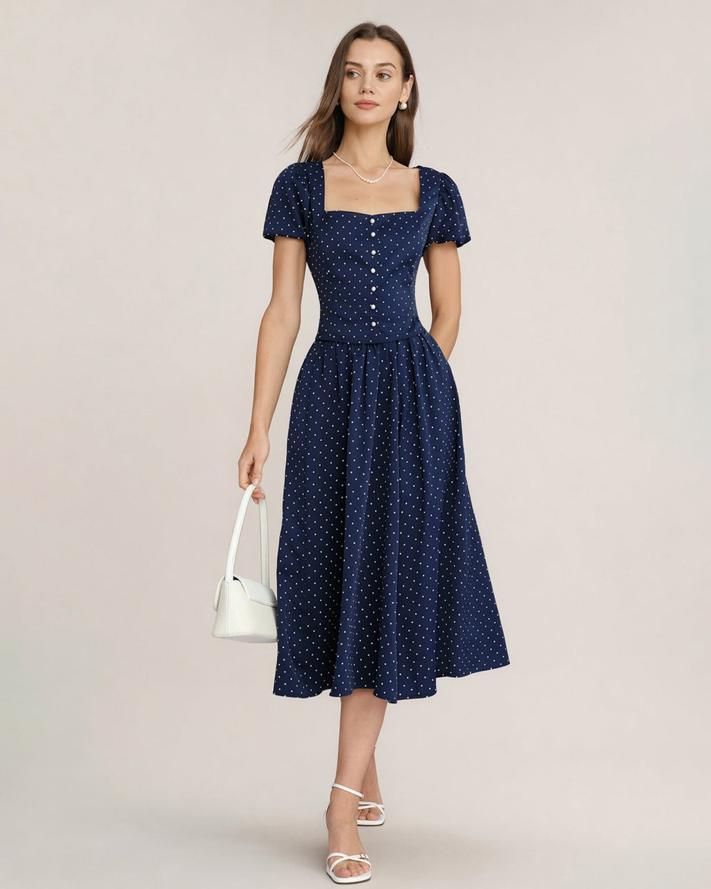 Blue Polka Dot Pockets Midi Skirt