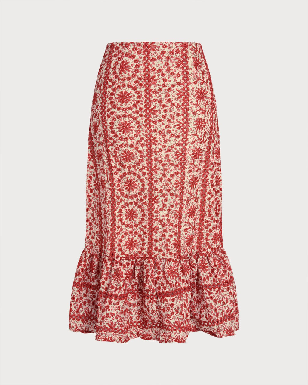 Red Floral Ruched Midi Skirt