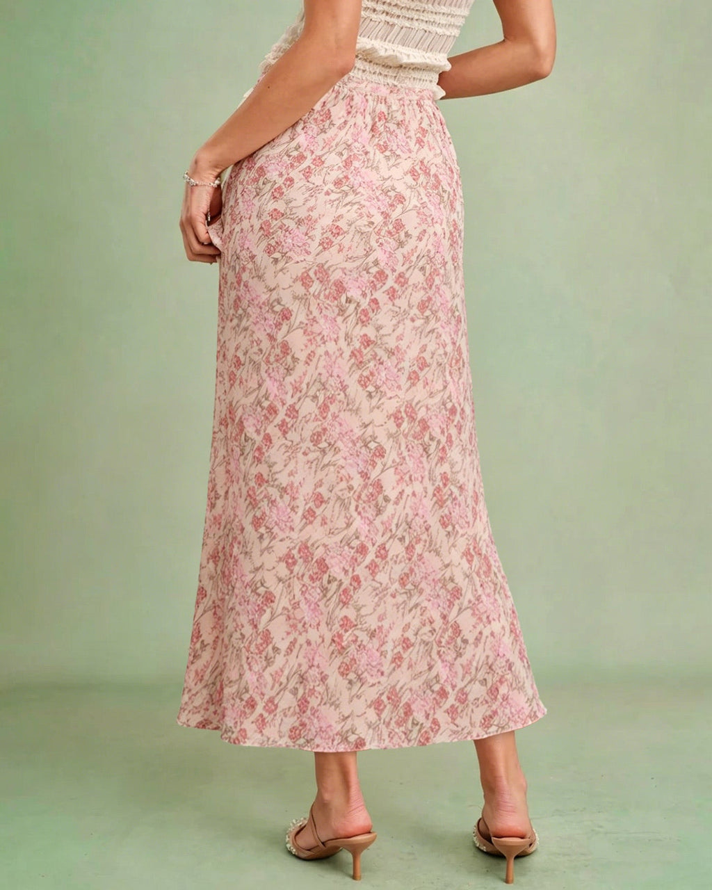 Pink Elastic Waist Floral Skirt
