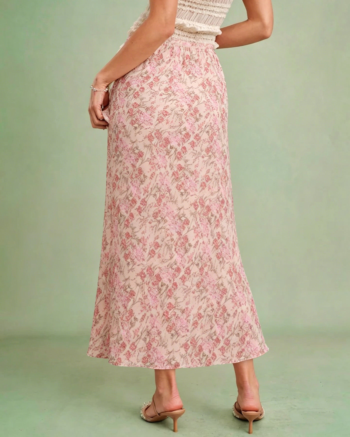 Pink Elastic Waist Floral Skirt