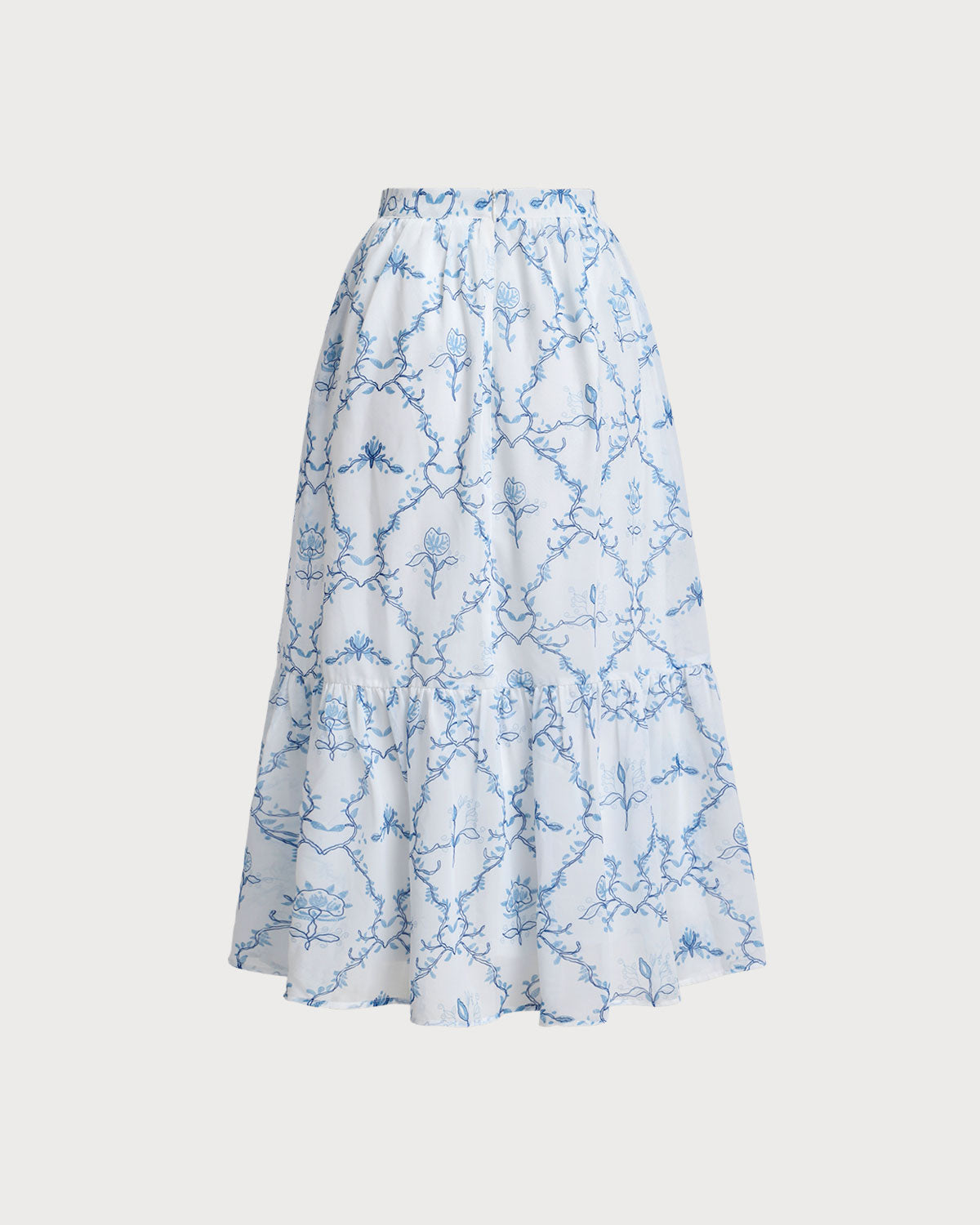 White Floral Tiered Midi Skirt