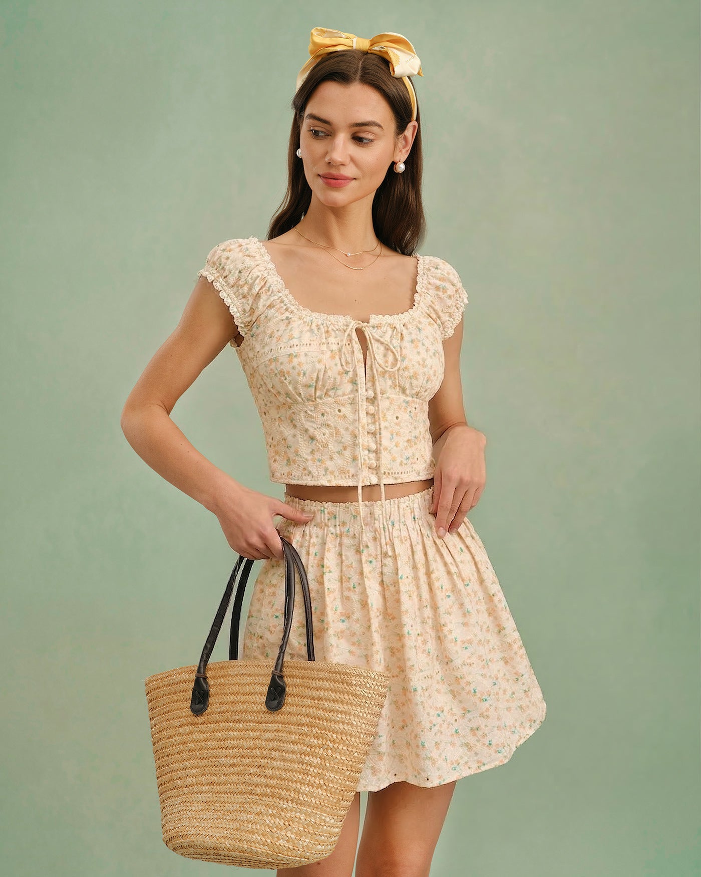 Yellow Embroidery Floral Mini Skirt