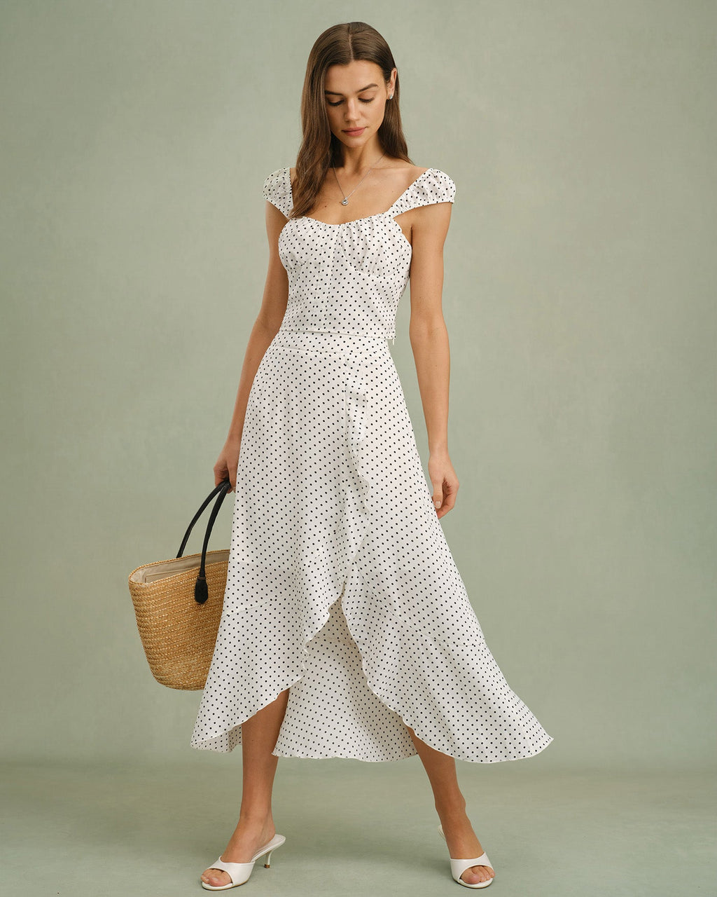White Ruffle Polka Dot Midi Skirt