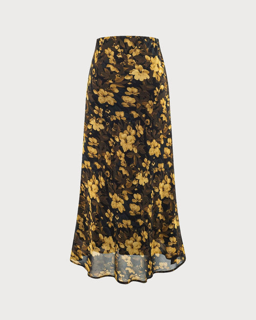 Black Floral Elastic Waist Skirt