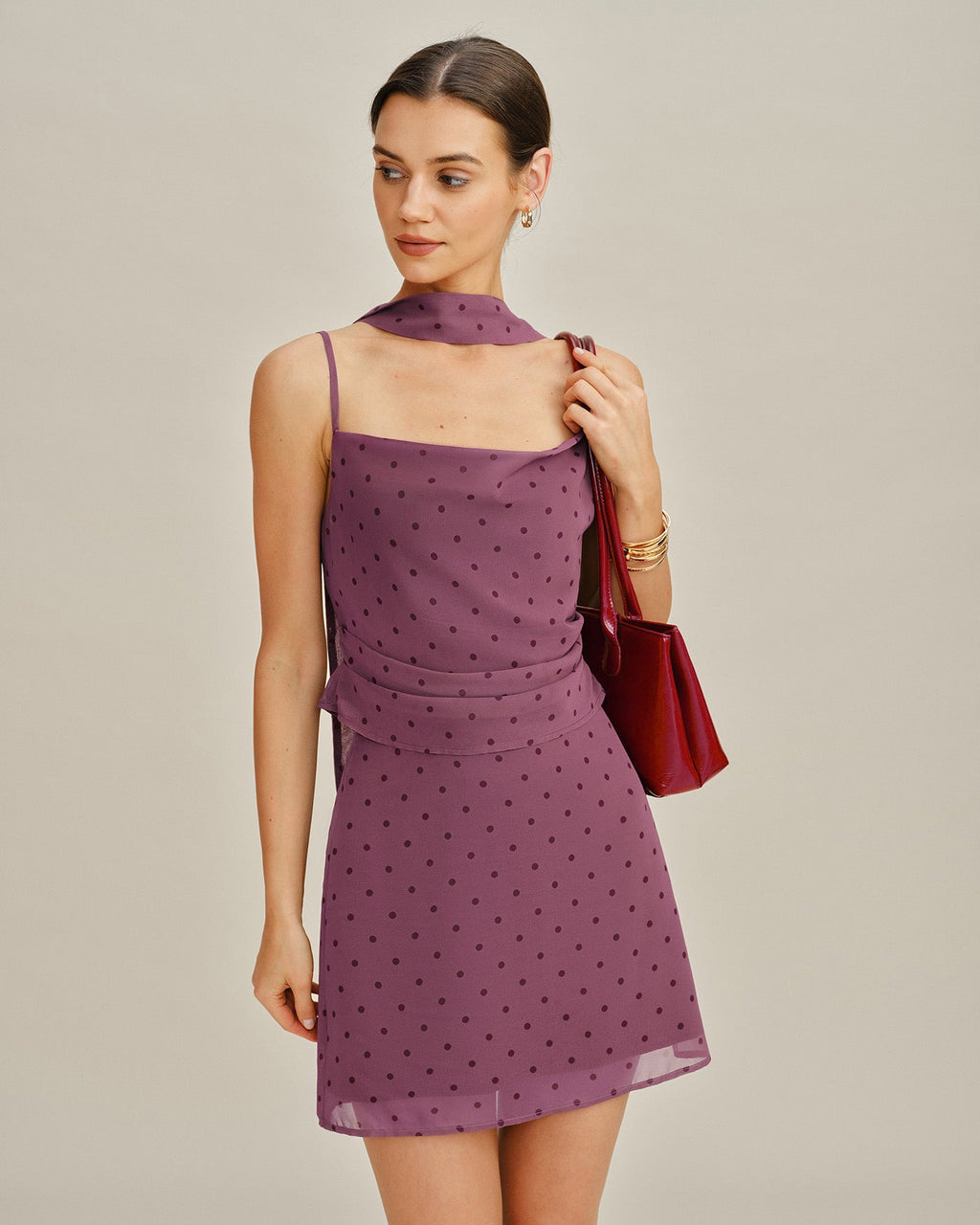 Purple Polka Dot Chiffon Mini Skirt